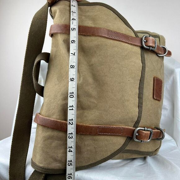 TSD BRAND Forest Canvas Messenger Bag Khaki with leather straps - Picture 7 of 8